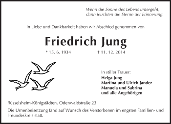 Traueranzeige von Friedrich Jung von Rüsselsheimer Echo, Groß-Gerauer-Echo, Ried Echo