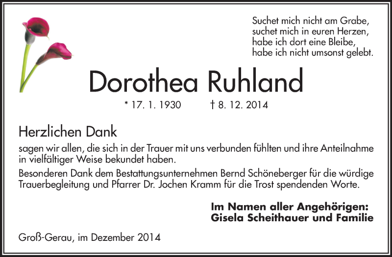  Traueranzeige für Dorothea Ruhland vom 30.12.2014 aus Rüsselsheimer Echo, Groß-Gerauer-Echo, Ried Echo
