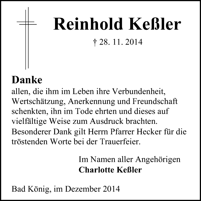  Traueranzeige für Reinhold Keßler vom 23.12.2014 aus Odenwälder Echo