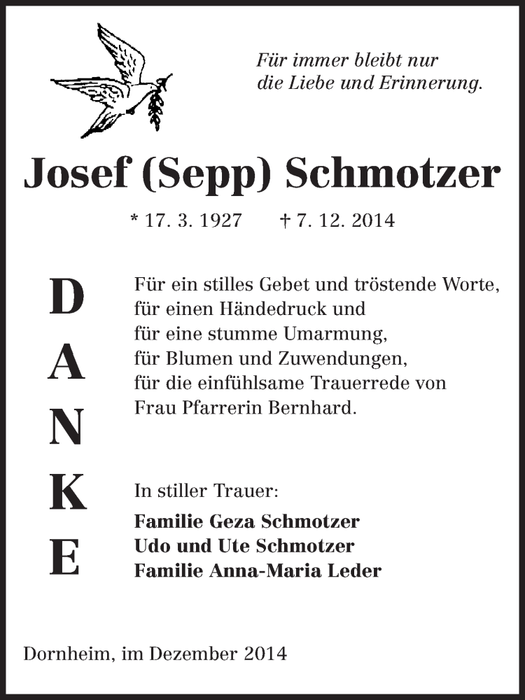  Traueranzeige für Josef Schmotzer vom 24.12.2014 aus Rüsselsheimer Echo, Groß-Gerauer-Echo, Ried Echo