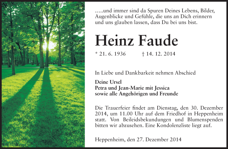  Traueranzeige für Heinz Faude vom 27.12.2014 aus Starkenburger Echo