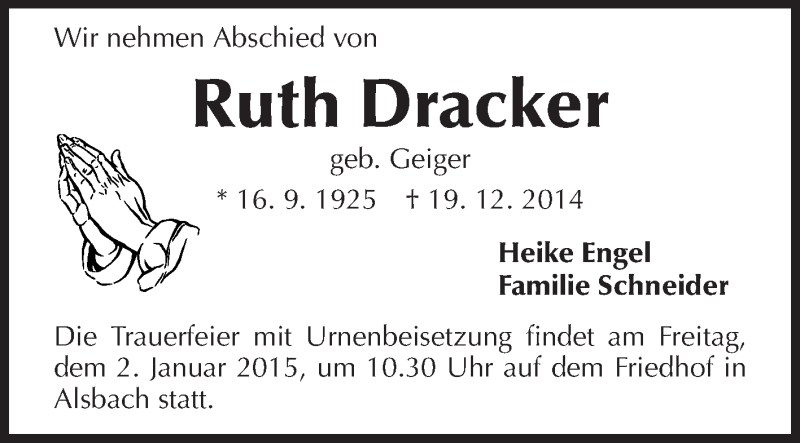  Traueranzeige für Ruth Dracker vom 27.12.2014 aus Echo-Zeitungen (Gesamtausgabe)