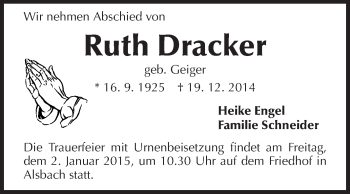 Traueranzeige von Ruth Dracker von Echo-Zeitungen (Gesamtausgabe)
