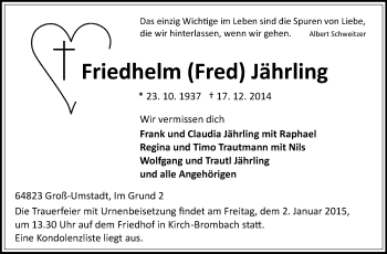 Traueranzeige von Friedhelm Jährling von Odenwälder Echo