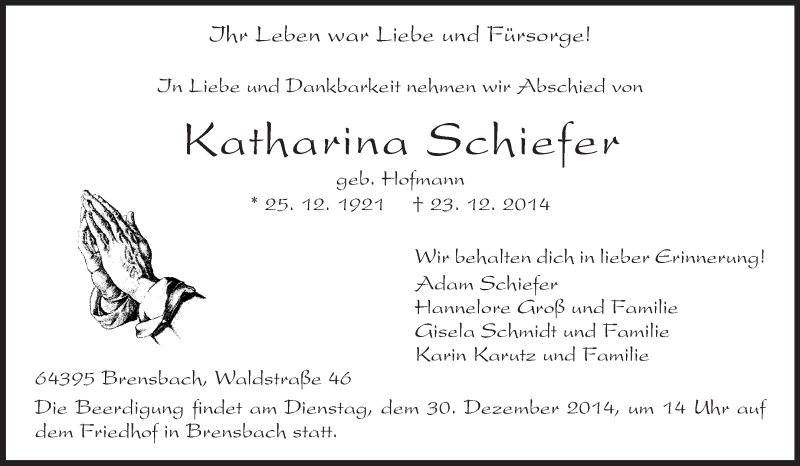  Traueranzeige für Katharina Schiefer vom 27.12.2014 aus Odenwälder Echo