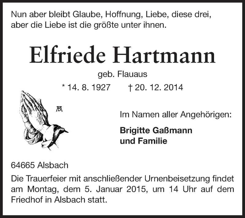  Traueranzeige für Elfriede Hartmann vom 27.12.2014 aus Echo-Zeitungen (Gesamtausgabe)