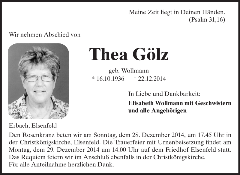  Traueranzeige für Thea Gölz vom 27.12.2014 aus Odenwälder Echo