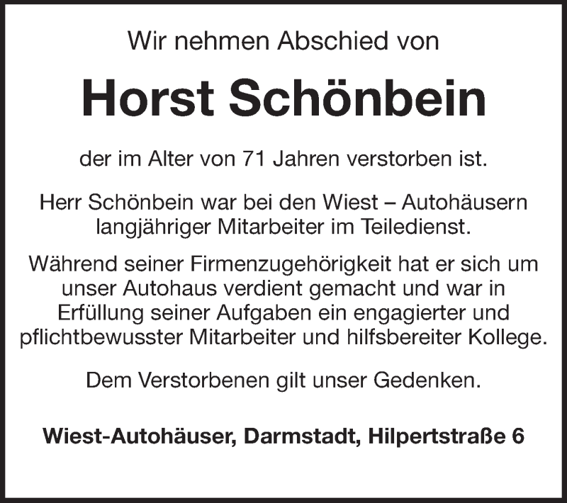  Traueranzeige für Horst Schönbein vom 27.12.2014 aus Echo-Zeitungen (Gesamtausgabe)
