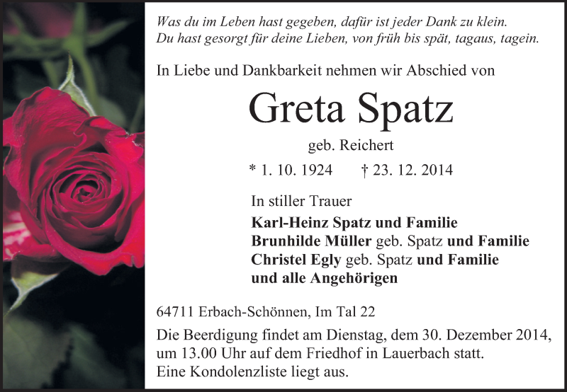  Traueranzeige für Greta Spatz vom 27.12.2014 aus Odenwälder Echo