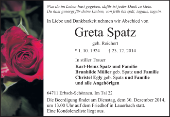 Traueranzeige von Greta Spatz von Odenwälder Echo