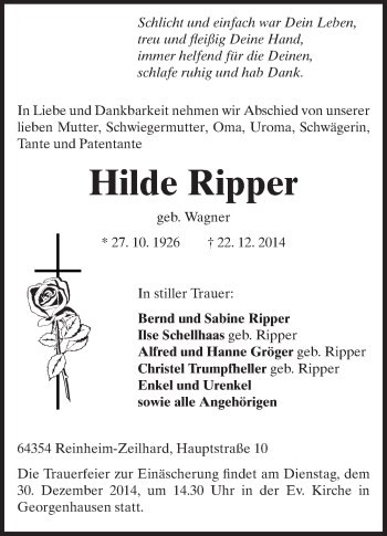 Traueranzeige von Hilde Ripper von Echo-Zeitungen (Gesamtausgabe)