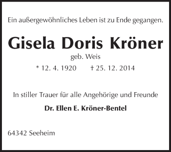 Traueranzeige von Gisela Doris Kröner von Echo-Zeitungen (Gesamtausgabe)