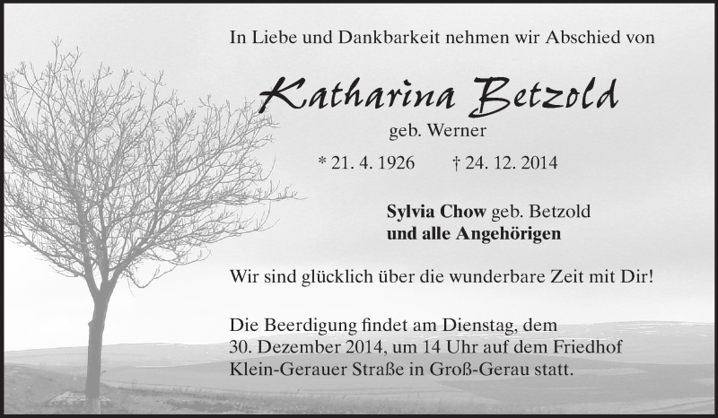 Traueranzeige für Katharina Betzold vom 27.12.2014 aus Rüsselsheimer Echo, Groß-Gerauer-Echo, Ried Echo
