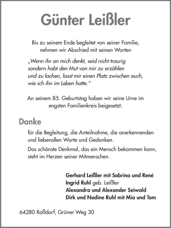 Traueranzeige von Günter Leißler von Echo-Zeitungen (Gesamtausgabe)