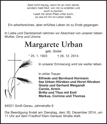 Traueranzeige von Margarete Urban von Rüsselsheimer Echo, Groß-Gerauer-Echo, Ried Echo