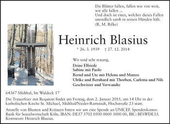 Traueranzeige von Heinrich Blasius von Echo-Zeitungen (Gesamtausgabe)