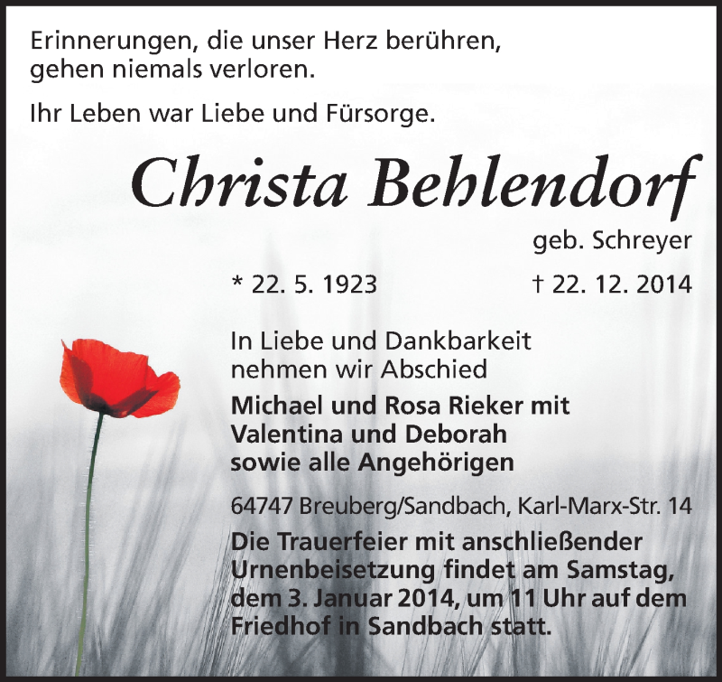  Traueranzeige für Christa Behlendorf vom 30.12.2014 aus Odenwälder Echo