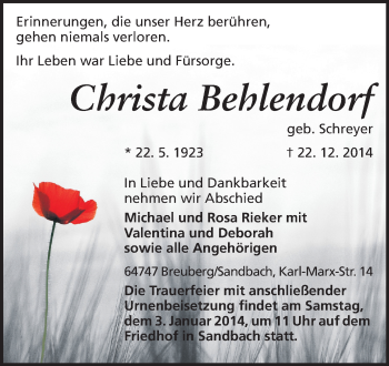 Traueranzeige von Christa Behlendorf von Odenwälder Echo
