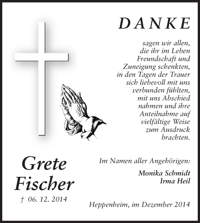  Traueranzeige für Grete Fischer vom 31.12.2014 aus Starkenburger Echo