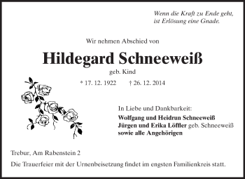 Traueranzeige von Hildegard Schneeweiß von Rüsselsheimer Echo, Groß-Gerauer-Echo, Ried Echo