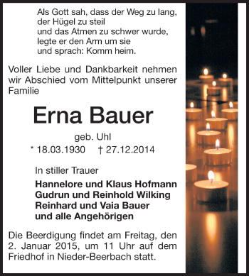 Traueranzeige von Erna Bauer von Echo-Zeitungen (Gesamtausgabe)