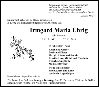Traueranzeige von Irmgard Maria Uhrig von Rüsselsheimer Echo, Groß-Gerauer-Echo, Ried Echo