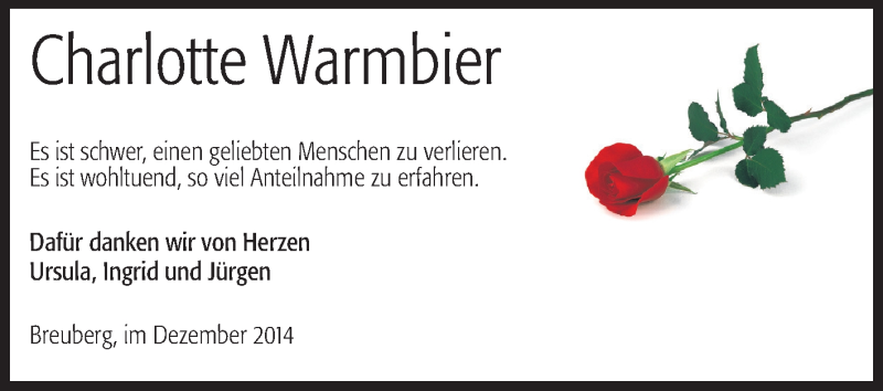 Traueranzeige für Charlotte Warmbier vom 31.12.2014 aus Odenwälder Echo
