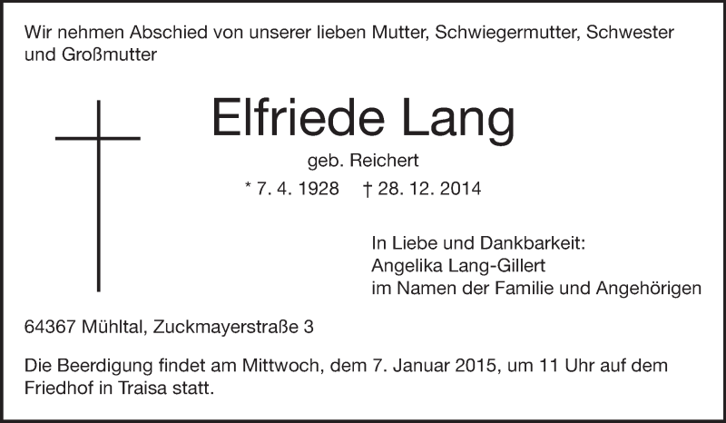  Traueranzeige für Elfriede Lang vom 31.12.2014 aus Echo-Zeitungen (Gesamtausgabe)