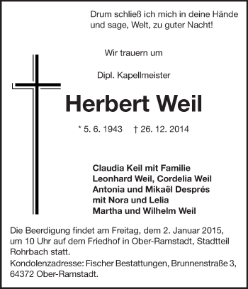Traueranzeige von Herbert Weil von Echo-Zeitungen (Gesamtausgabe)