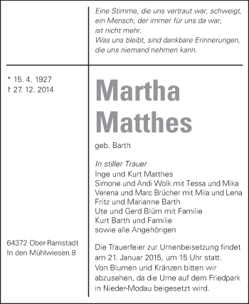 Traueranzeige von Martha Matthes von Echo-Zeitungen (Gesamtausgabe)