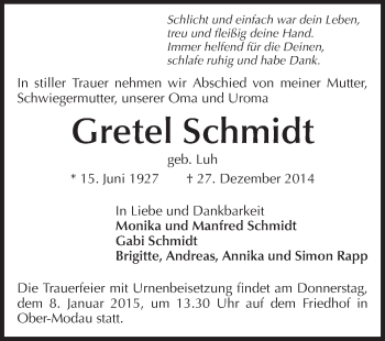 Traueranzeige von Gretel Schmidt von Echo-Zeitungen (Gesamtausgabe)