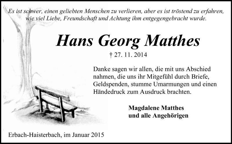  Traueranzeige für Hans Georg Matthes vom 07.01.2015 aus Odenwälder Echo