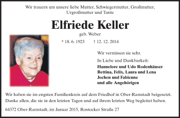 Traueranzeige von Elfriede Keller von Echo-Zeitungen (Gesamtausgabe)