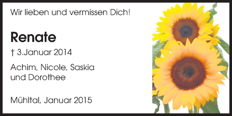  Traueranzeige für Renate Leißler vom 03.01.2015 aus Echo-Zeitungen (Gesamtausgabe)
