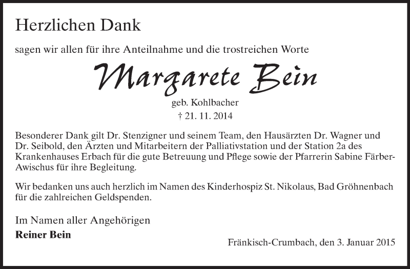  Traueranzeige für Margarete Bein vom 03.01.2015 aus Odenwälder Echo