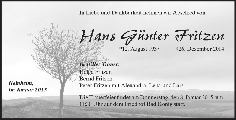  Traueranzeige für Hans Günter Fritzen vom 03.01.2015 aus Echo-Zeitungen (Gesamtausgabe)