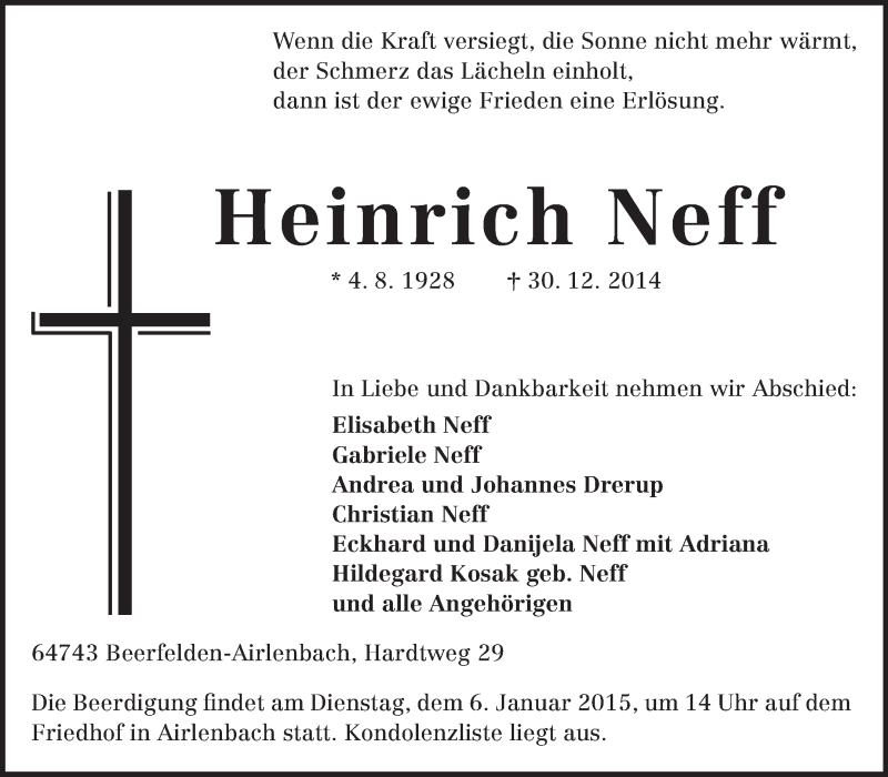  Traueranzeige für Heinrich Neff vom 03.01.2015 aus Odenwälder Echo