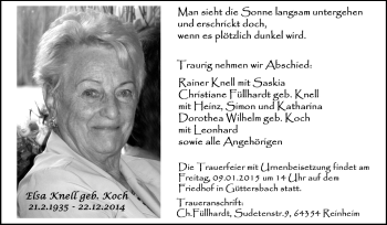 Traueranzeige von Elsa Knell von Echo-Zeitungen (Gesamtausgabe)