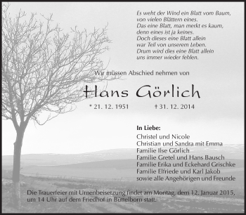 Traueranzeige von Hans Görlich von Rüsselsheimer Echo, Groß-Gerauer-Echo, Ried Echo