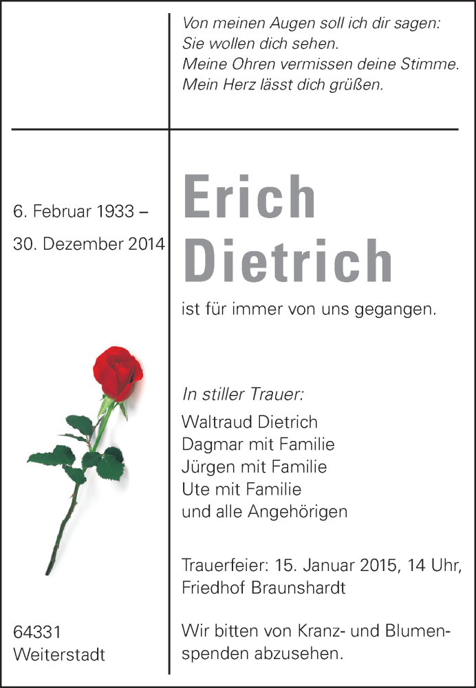  Traueranzeige für Erich Dietrich vom 10.01.2015 aus Echo-Zeitungen (Gesamtausgabe)