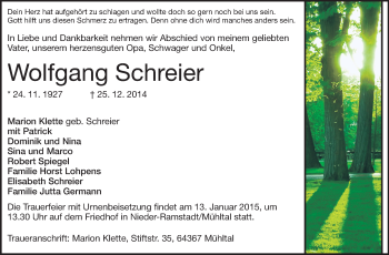Traueranzeige von Wolfgang Schreier von Darmstädter Echo, Odenwälder Echo, Rüsselsheimer Echo, Groß-Gerauer-Echo, Ried Echo