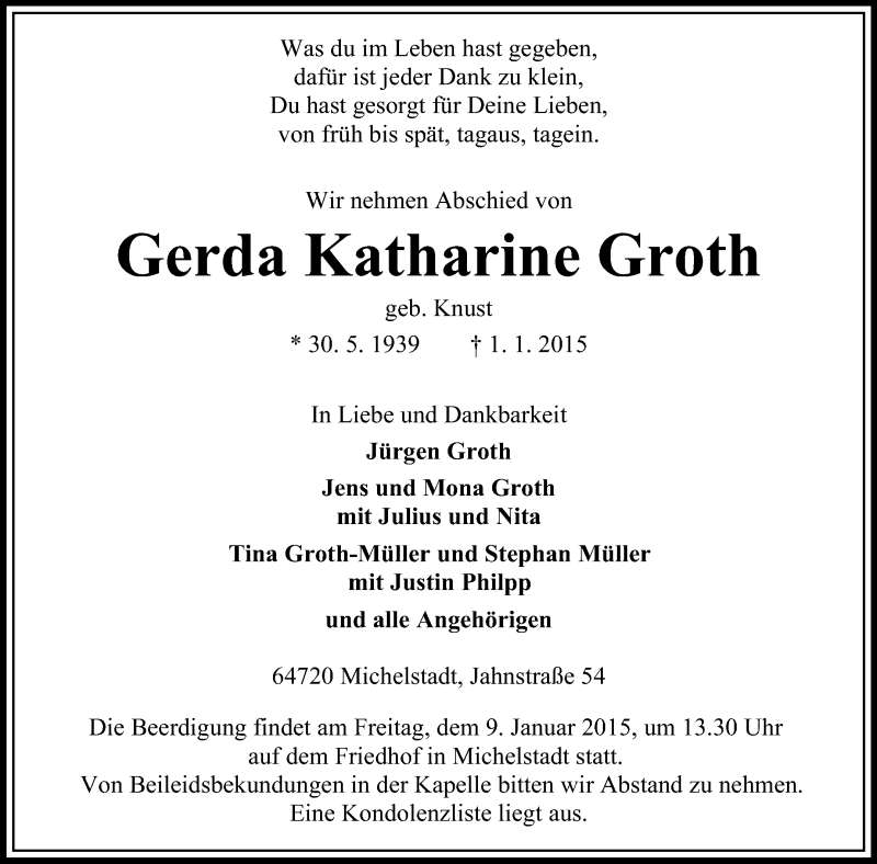  Traueranzeige für Gerda Katharine Groth vom 06.01.2015 aus Odenwälder Echo