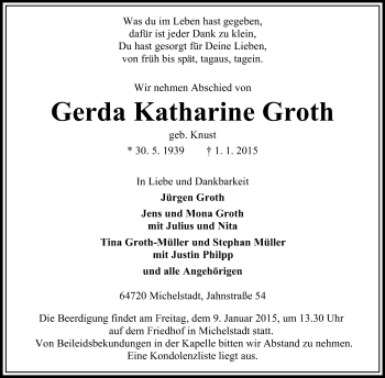 Traueranzeige von Gerda Katharine Groth von Odenwälder Echo