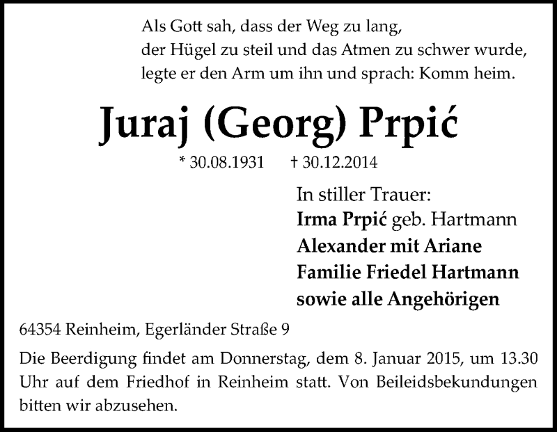  Traueranzeige für Juraj Prpic vom 06.01.2015 aus Darmstädter Echo, Odenwälder Echo, Rüsselsheimer Echo, Groß-Gerauer-Echo, Ried Echo