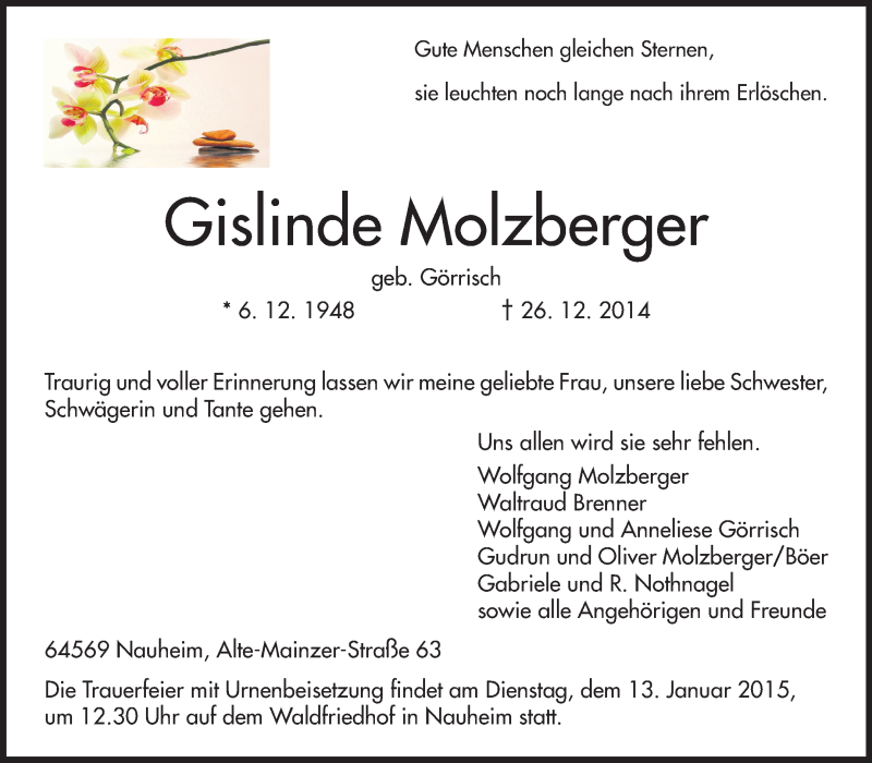  Traueranzeige für Gislinde Molzberger vom 07.01.2015 aus Rüsselsheimer Echo, Groß-Gerauer-Echo, Ried Echo