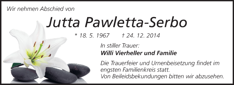  Traueranzeige für Jutta Pawletta-Serbo vom 07.01.2015 aus Odenwälder Echo