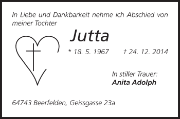 Traueranzeige von Jutta Pawletta-Serbo von Odenwälder Echo