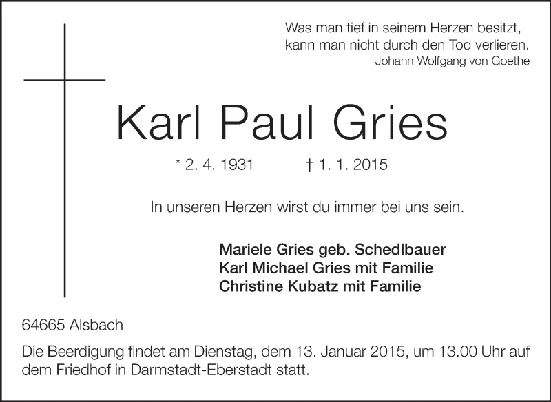  Traueranzeige für Karl Paul Gries vom 07.01.2015 aus Echo-Zeitungen (Gesamtausgabe)