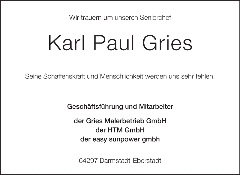  Traueranzeige für Karl Paul Gries vom 07.01.2015 aus Echo-Zeitungen (Gesamtausgabe)