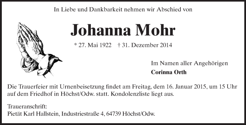  Traueranzeige für Johanna Mohr vom 14.01.2015 aus Echo-Zeitungen (Gesamtausgabe)